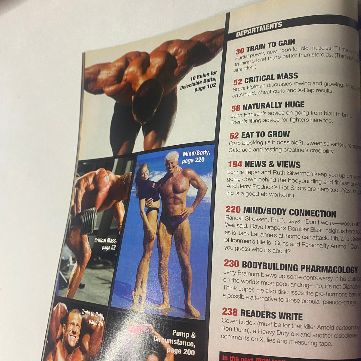 Another page from IronMan Magazine April 2005 highlighting various bodybuilding techniques including Critical Mass and Mind/Body Connection, demonstrating fitness tips and articles for serious trainers.
