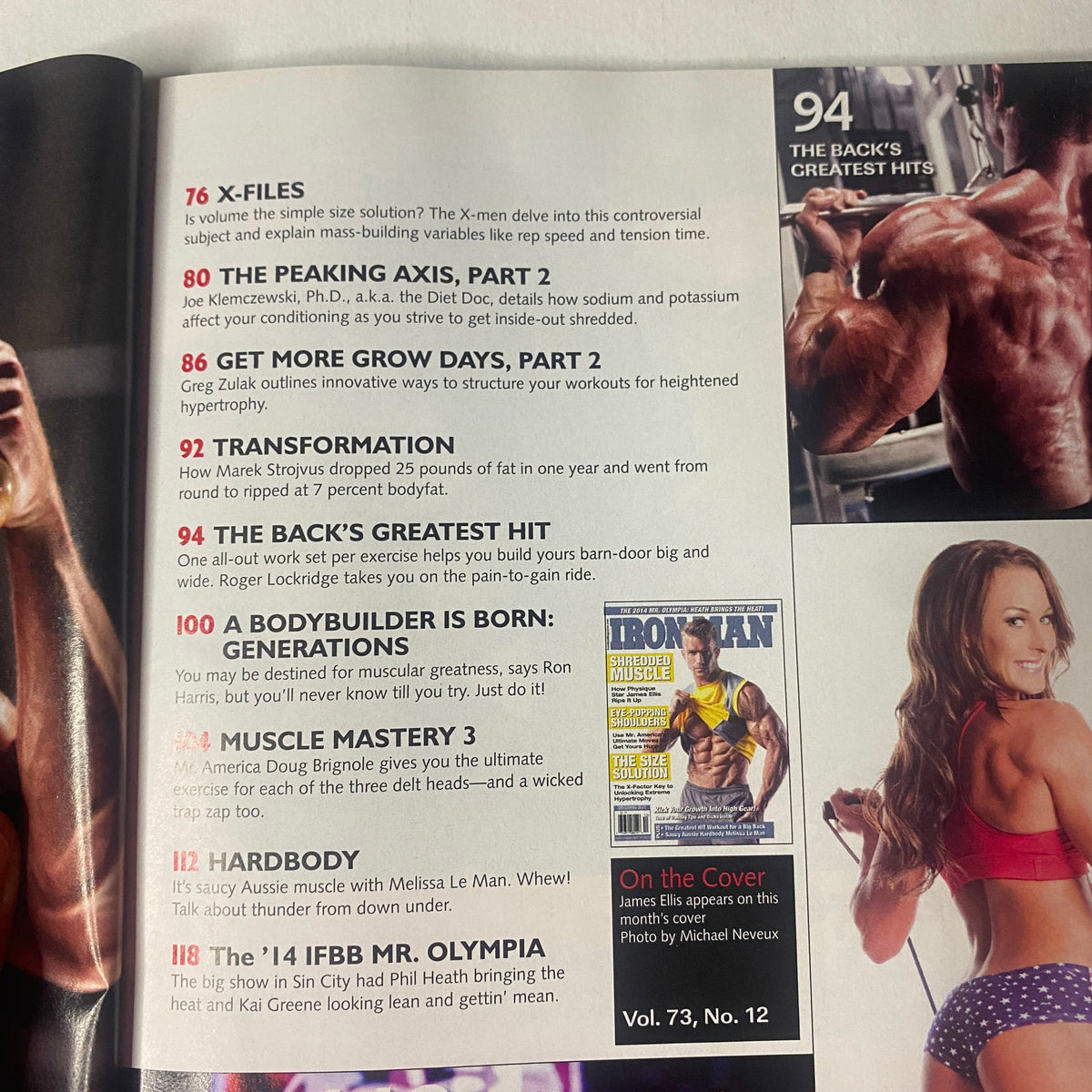IronMan Magazine December 2014 interior page highlighting features such as 'X-Files', 'Transformation', and 'Muscle Mastery 3', discussing advanced bodybuilding techniques and tips.