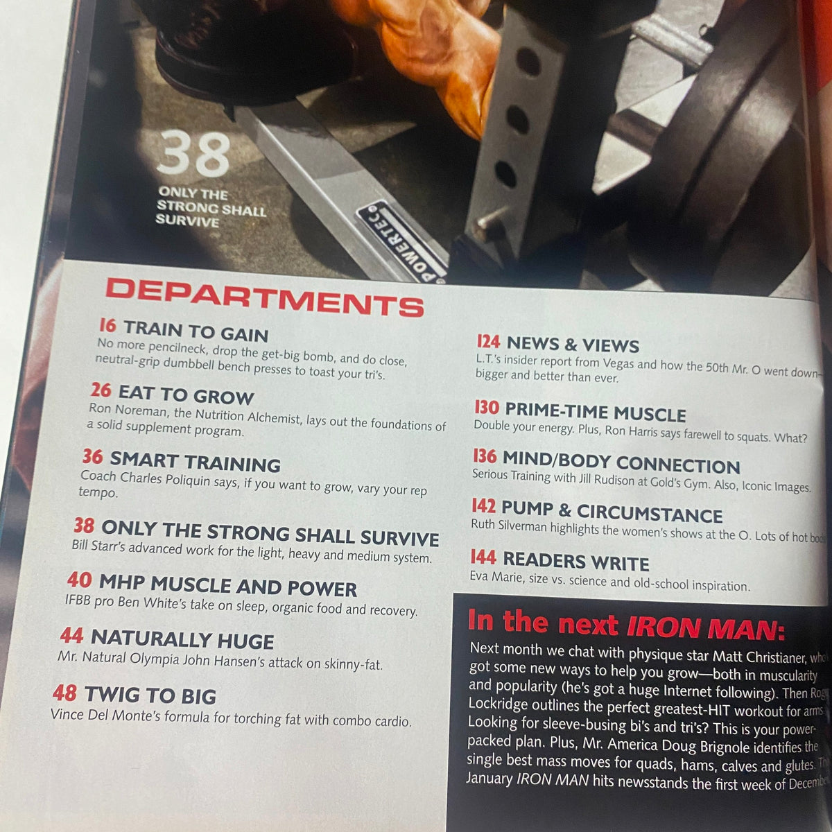 IronMan Magazine December 2014 interior page showcasing departments like 'Train to Gain', 'MHP Muscle & Power', and 'Twig to Big', offering insights into training and nutrition strategies.