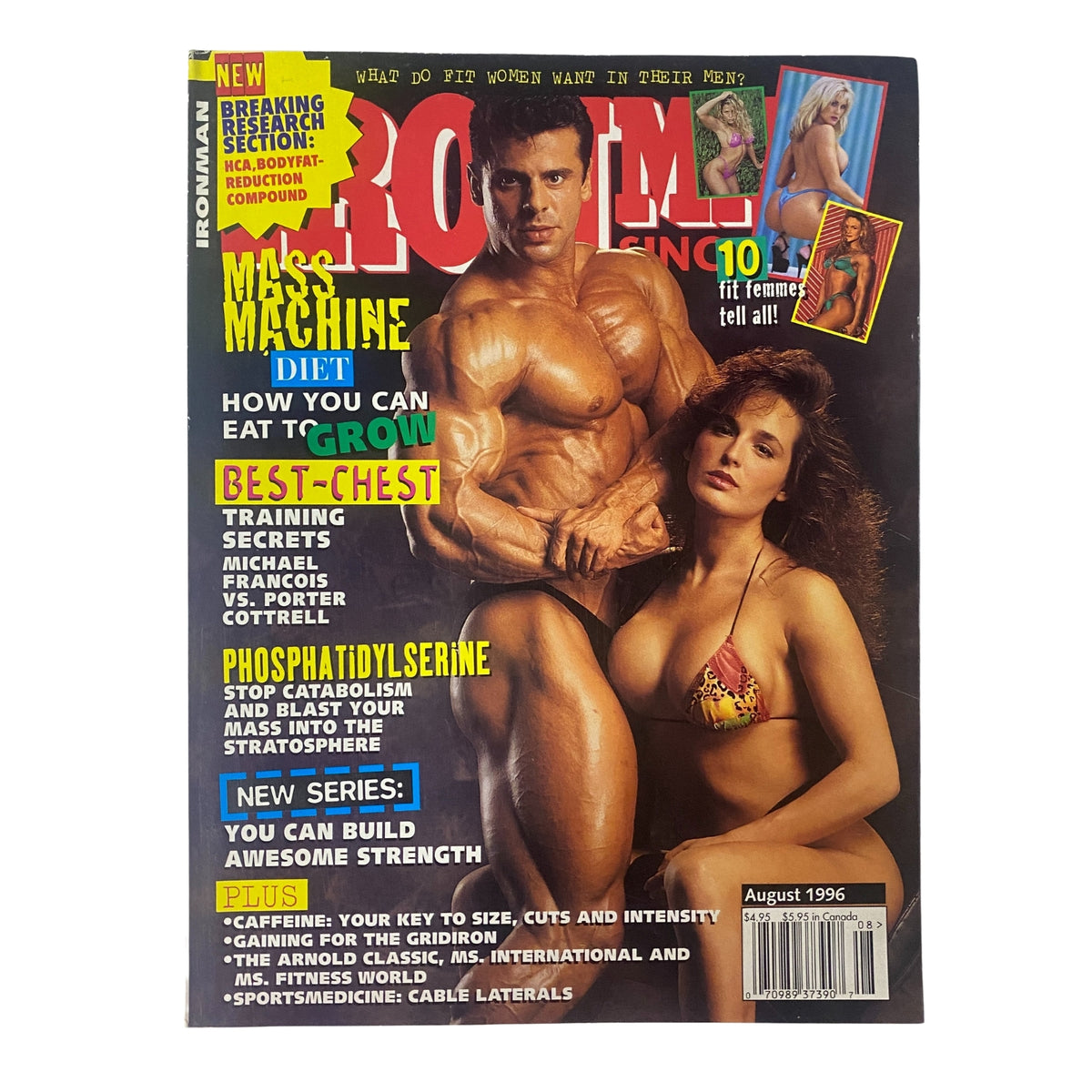 Cover of IronMan Magazine August 1996 featuring Frank Hillebrand and Camille Jones, showcasing bodybuilding themes and fitness tips.