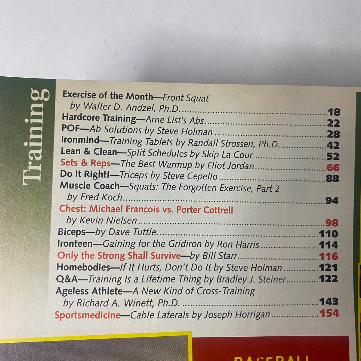 Table of contents from IronMan Magazine August 1996, listing articles on training, exercise routines, and bodybuilding science.