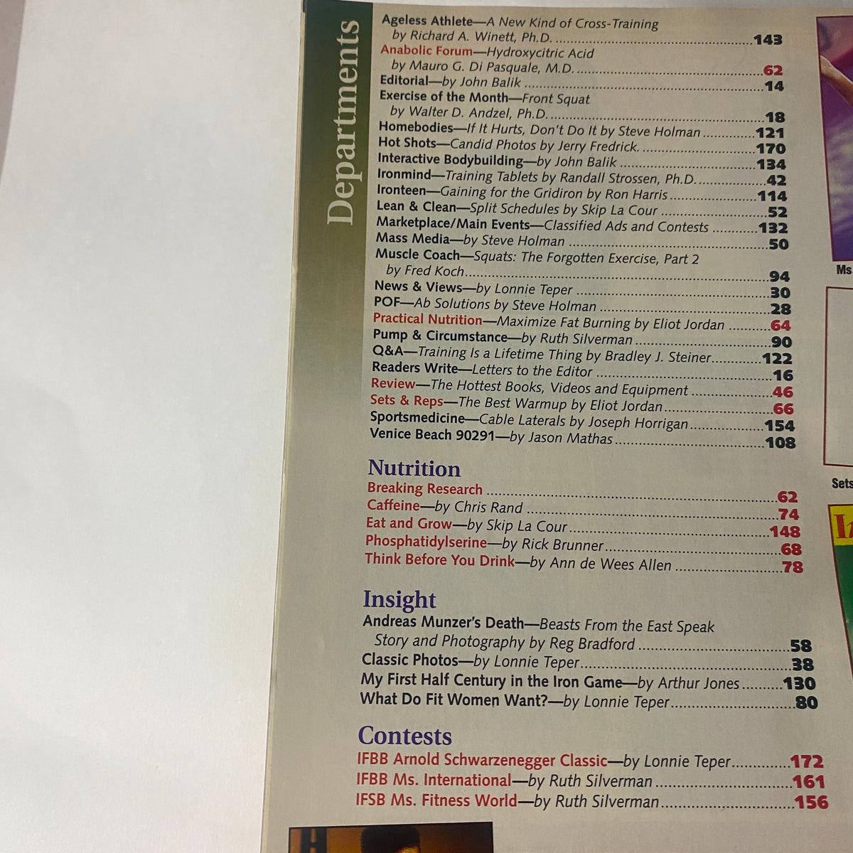 Second page of the table of contents from IronMan Magazine August 1996, detailing nutritional insights and featured departments.