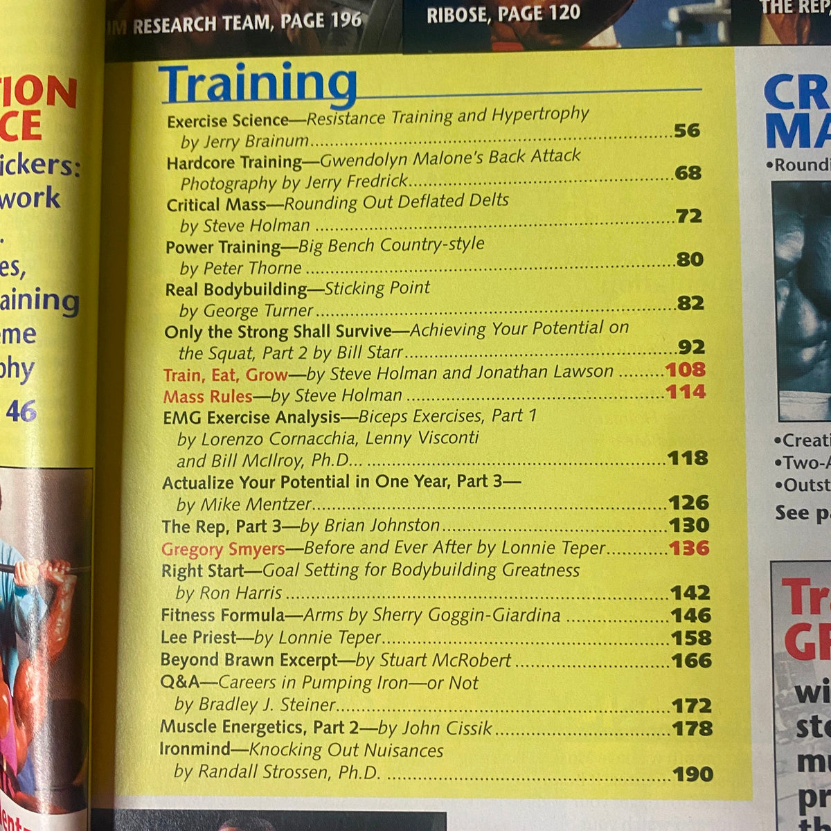 Table of Contents from IronMan Magazine November 1999 highlighting articles on training science, hardcore training, and bodybuilding strategies.