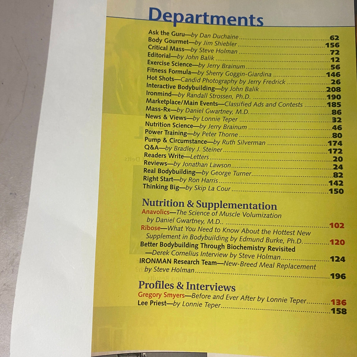 Departments section from IronMan Magazine November 1999 detailing features on nutrition, supplementation, and profiles of bodybuilders.