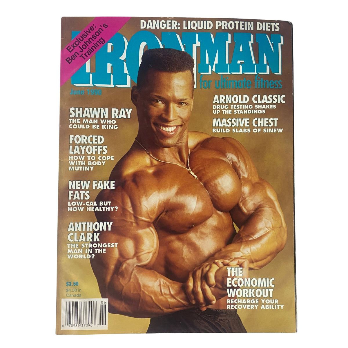 IronMan Magazine June 1990 Vol 49 No. 6 featuring Shawn Ray on the cover, showcasing his impressive physique and highlighting topics like protein diets and bodybuilding training.