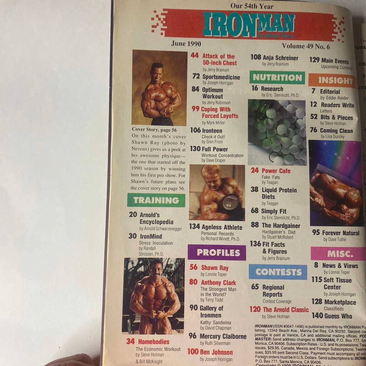 Table of Contents from IronMan Magazine June 1990 Vol 49 No. 6, detailing articles including profiles on Shawn Ray and Anthony Clark, and training insights from Arnold Schwarzenegger.