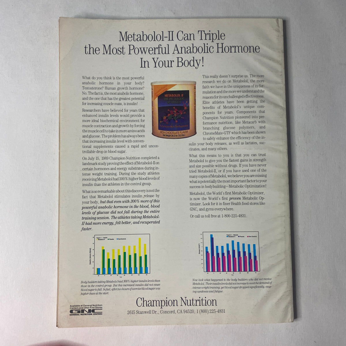 Promotional advertisement for Metabolol-II by Champion Nutrition, emphasizing its ability to triple the powerful anabolic hormone in the body. Featured in the IronMan Magazine June 1990 issue with Shawn Ray on the cover.