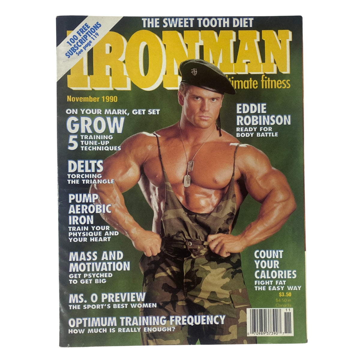 IronMan Magazine November 1990 Vol 49 No. 11 featuring Eddie Robinson on the cover, showcasing bodybuilding tips and insights. Highlighted are training routines and nutrition advice.