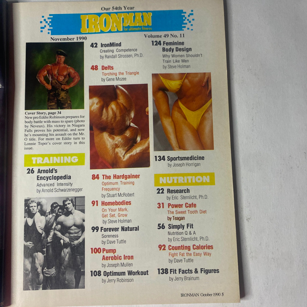 Inside page of IronMan Magazine November 1990 Vol 49 No. 11, displaying the table of contents, featuring articles on bodybuilding training, nutrition, and expert insights from notable figures.