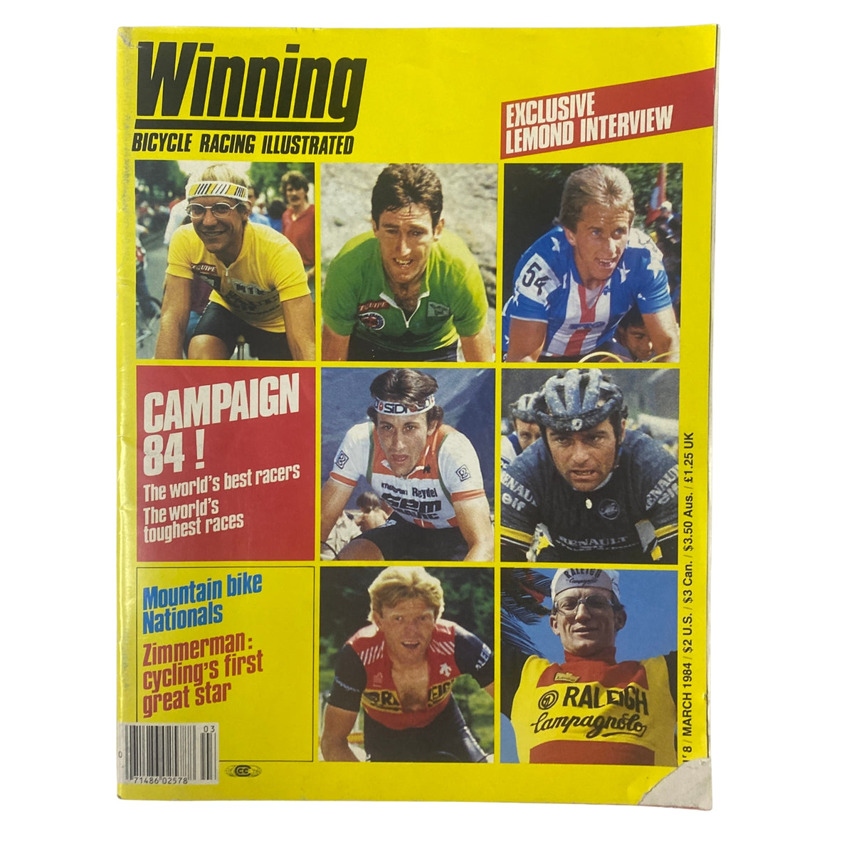 Cover of Winning Bicycle Racing Illustrated March 1984, No. 8 Tour de France Issue, featuring professional cyclists and highlighting an exclusive interview with Greg LeMond.