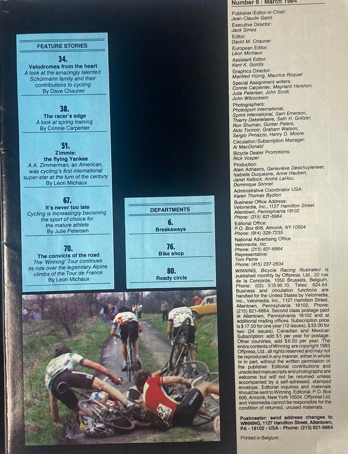 Inside page of Winning Bicycle Racing Illustrated March 1984, highlighting feature stories including 'Velodromes from the Heart' and 'It's Never Too Late'.