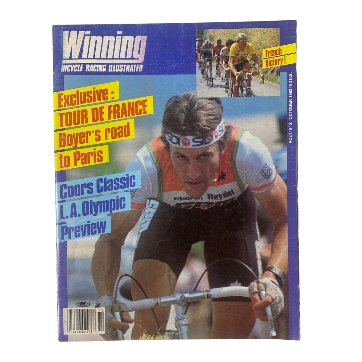 Cover of 'Winning Bicycle Racing Illustrated' - October 1983, featuring Jacques Boyer highlighting the Tour de France, Coors Classic, and L.A. Olympic preview.