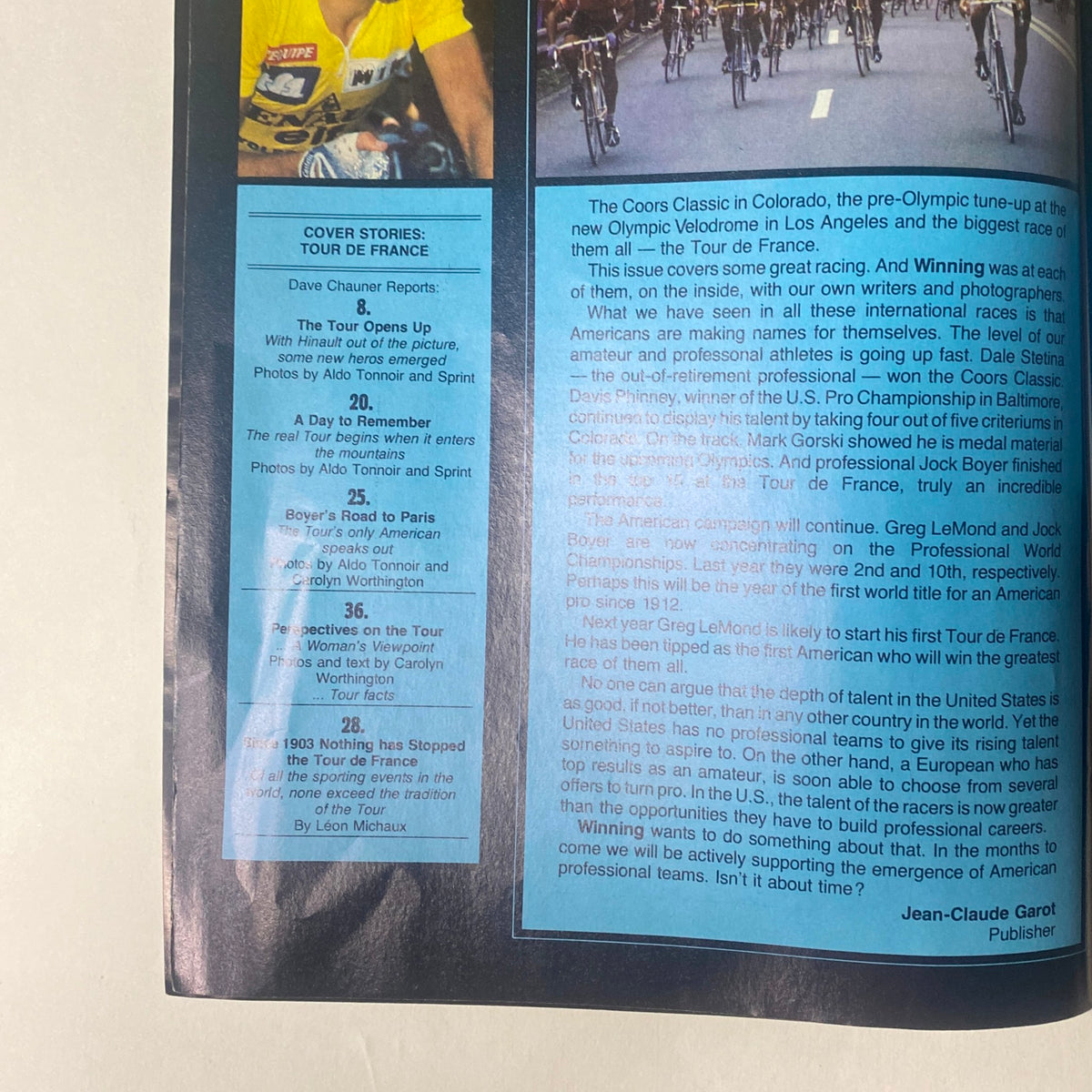 Inside page from 'Winning Bicycle Racing Illustrated' - October 1983, showcasing cover stories related to the Tour de France and featuring Jacques Boyer's experiences.