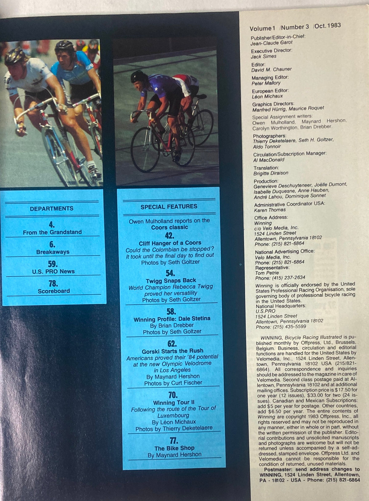 Back page of 'Winning Bicycle Racing Illustrated' - October 1983, providing details on departments, special features, and the editorial team.