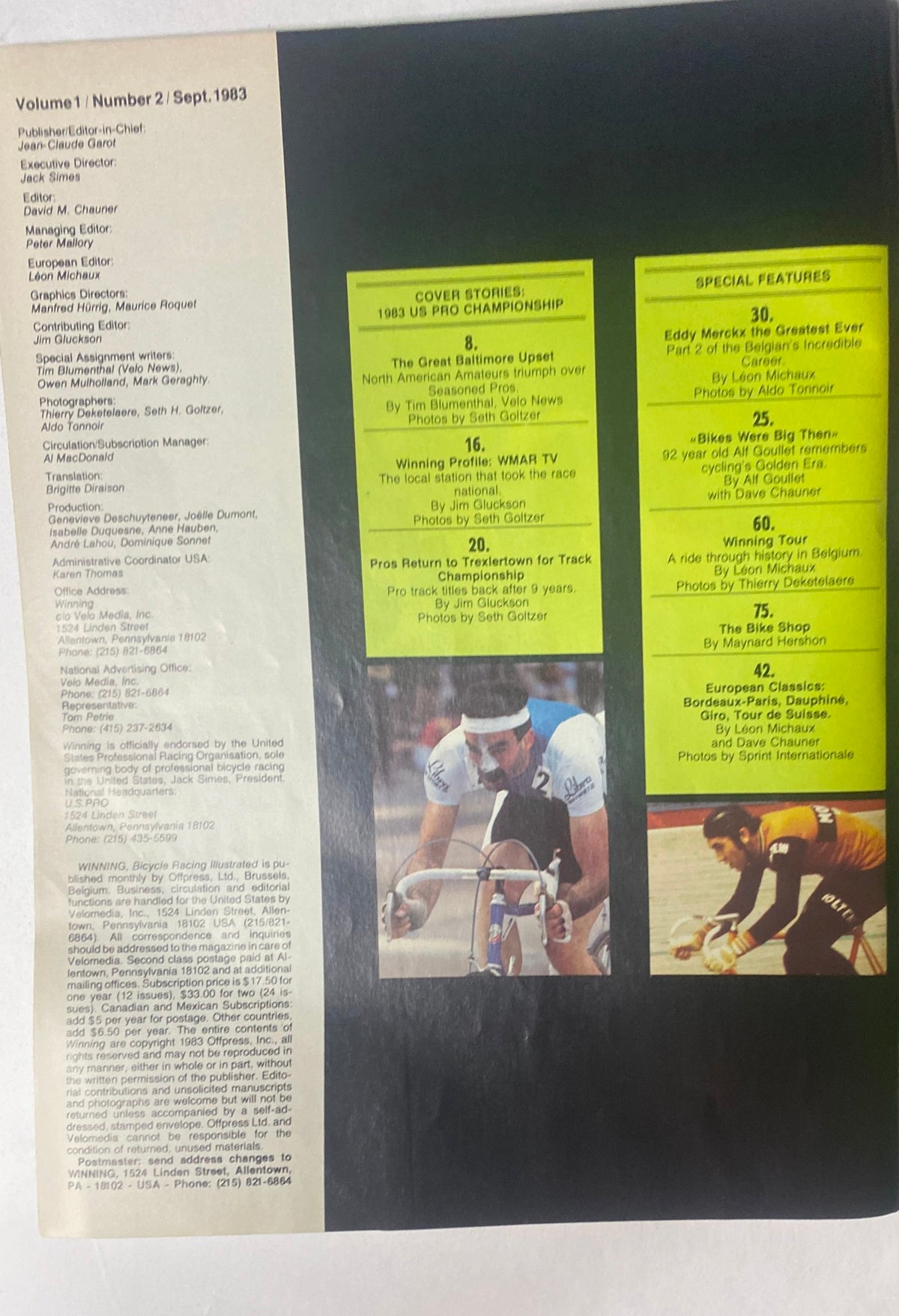 Interior page of Winning Bicycle Racing Illustrated, September 1983, detailing the contents of the U.S. Pro Championship issue, including featured articles and special insights.