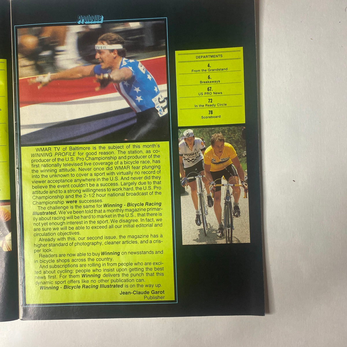 Another interior page of Winning Bicycle Racing Illustrated, September 1983, showcasing the WMAR TV coverage and profiles related to the U.S. Pro Championship.