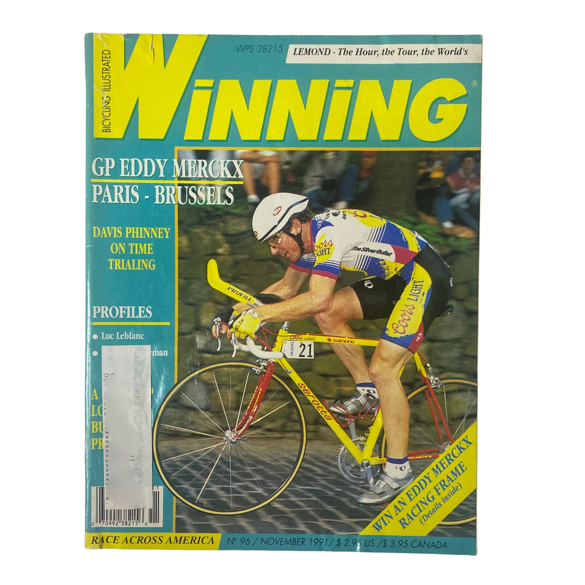 Cover of Winning Bicycle Racing Illustrated, November 1991, featuring Michael Engleman on a bicycle during the Paris-Brussels race, highlighting cycling events and riders in professional cycling.