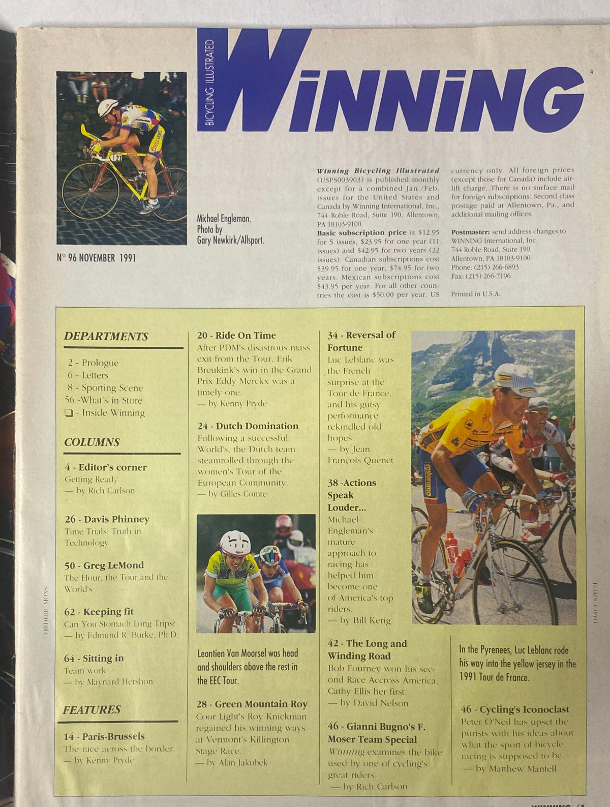 Interior page of Winning Bicycle Racing Illustrated, November 1991, showcasing an article about Michael Engleman along with summaries of cycling events and features like the Killington Stage Race.