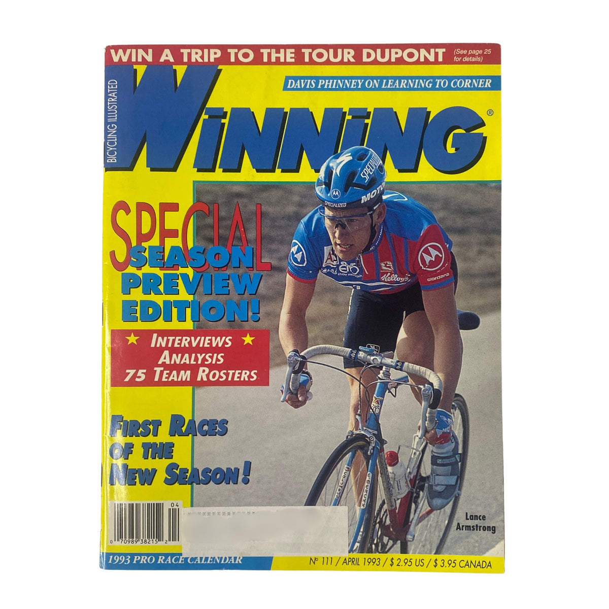 Winning Bicycle Racing Illustrated April 1993 No. 111 featuring Lance Armstrong on the cover, showcasing the theme of the Special Season Preview Edition with a focus on cycling analysis and team rosters.
