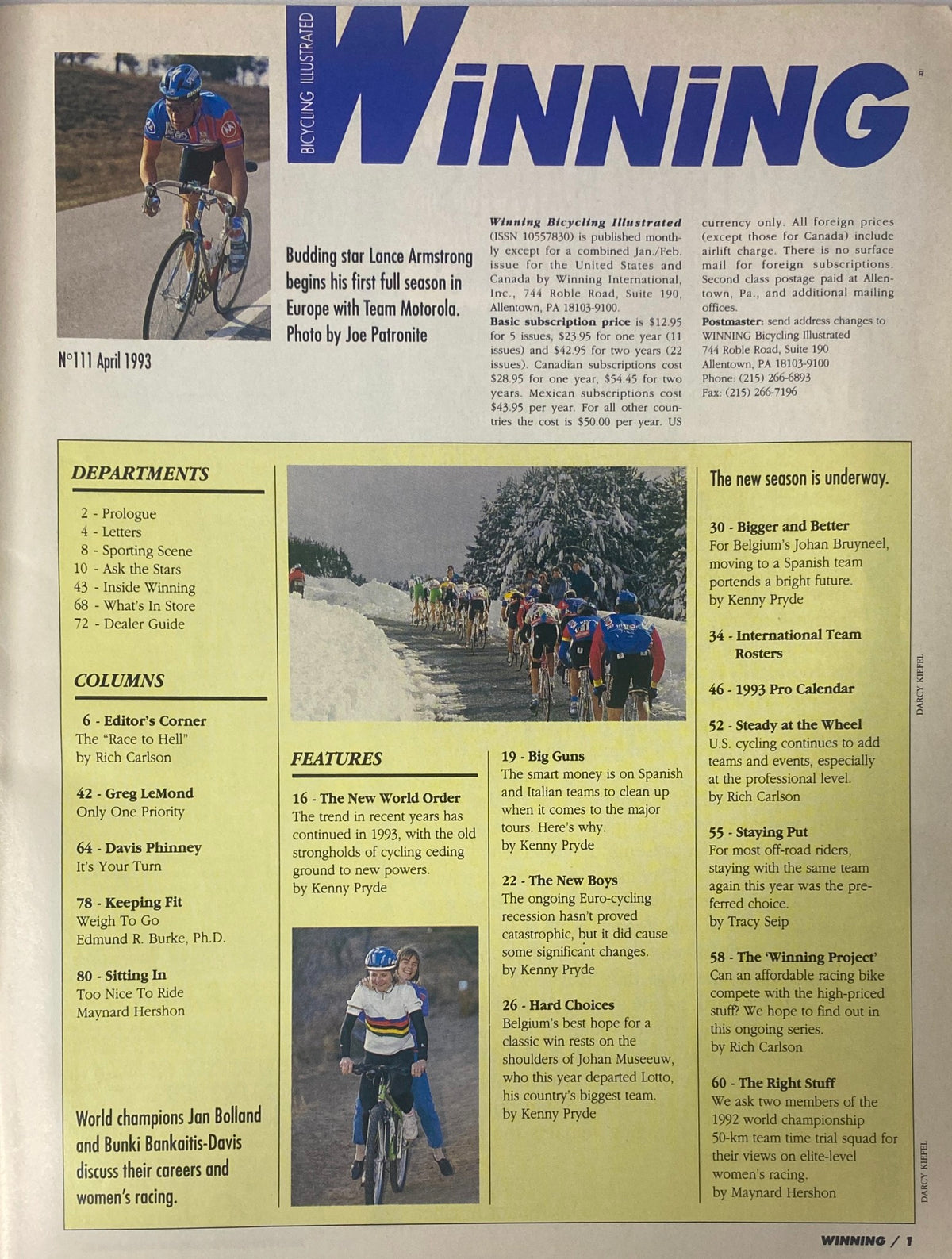 Inside view of Winning Bicycle Racing Illustrated April 1993 No. 111, highlighting departments and columns including Editor's Corner and features on cycling trends, with a focus on Lance Armstrong's early career.