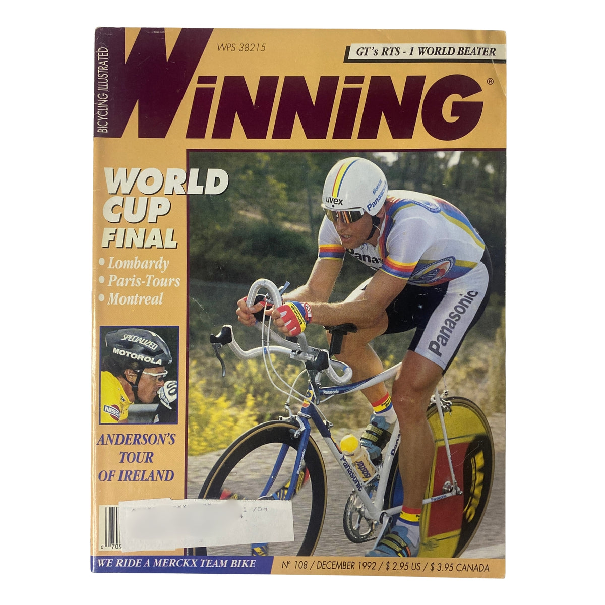 Cover of Winning Bicycle Racing Illustrated, December 1992 (No. 108), featuring Olaf Ludwig and highlights from the World Cup final, including events in Lombardy, Paris-Tours, and Montreal.