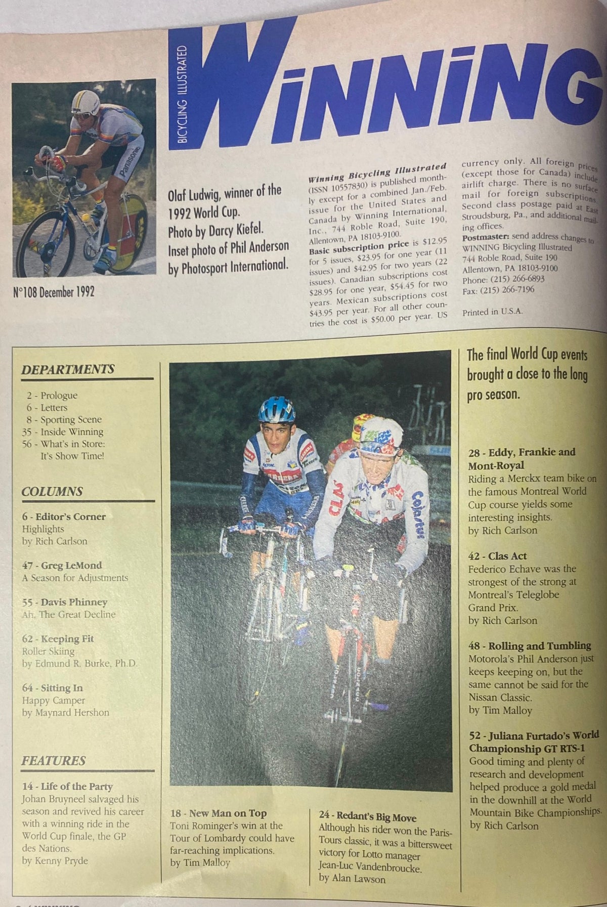 Winning Bicycle Racing Illustrated December 1992 cover featuring Olaf Ludwig and a photo of Phil Anderson, detailing highlights from the 1992 World Cup events. Includes sections on columns and features such as Johan Bruyneel's winning ride.