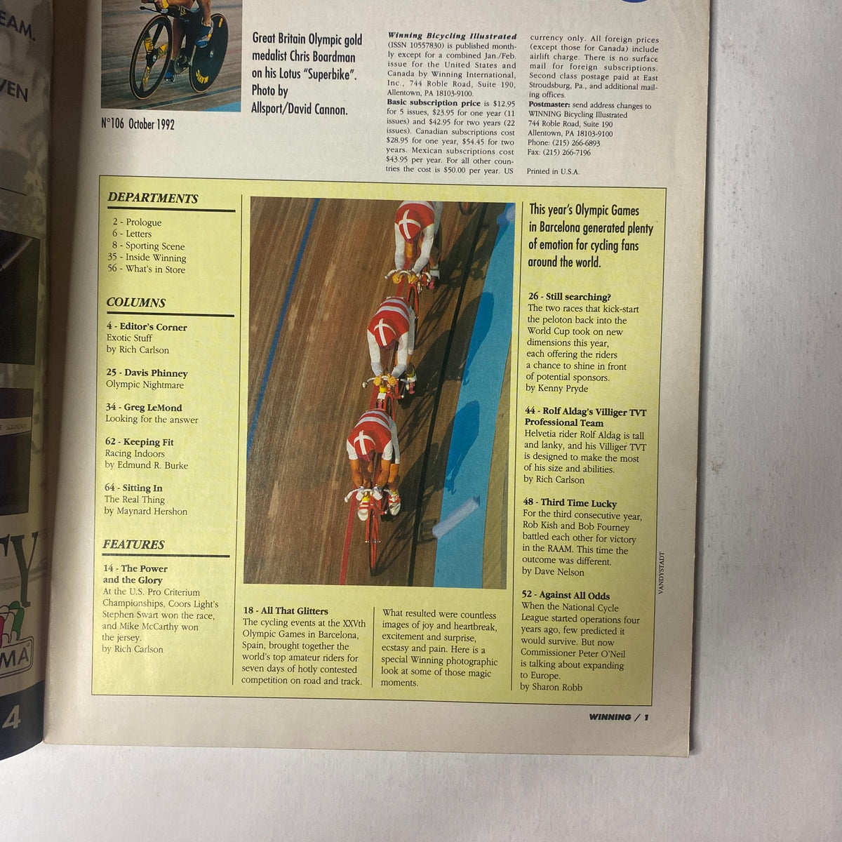 Inside page of Winning Bicycle Racing Illustrated, October 1992, showcasing the table of contents. This issue includes features on Olympic cycling and the World Cup, along with columns by prominent cycling figures.