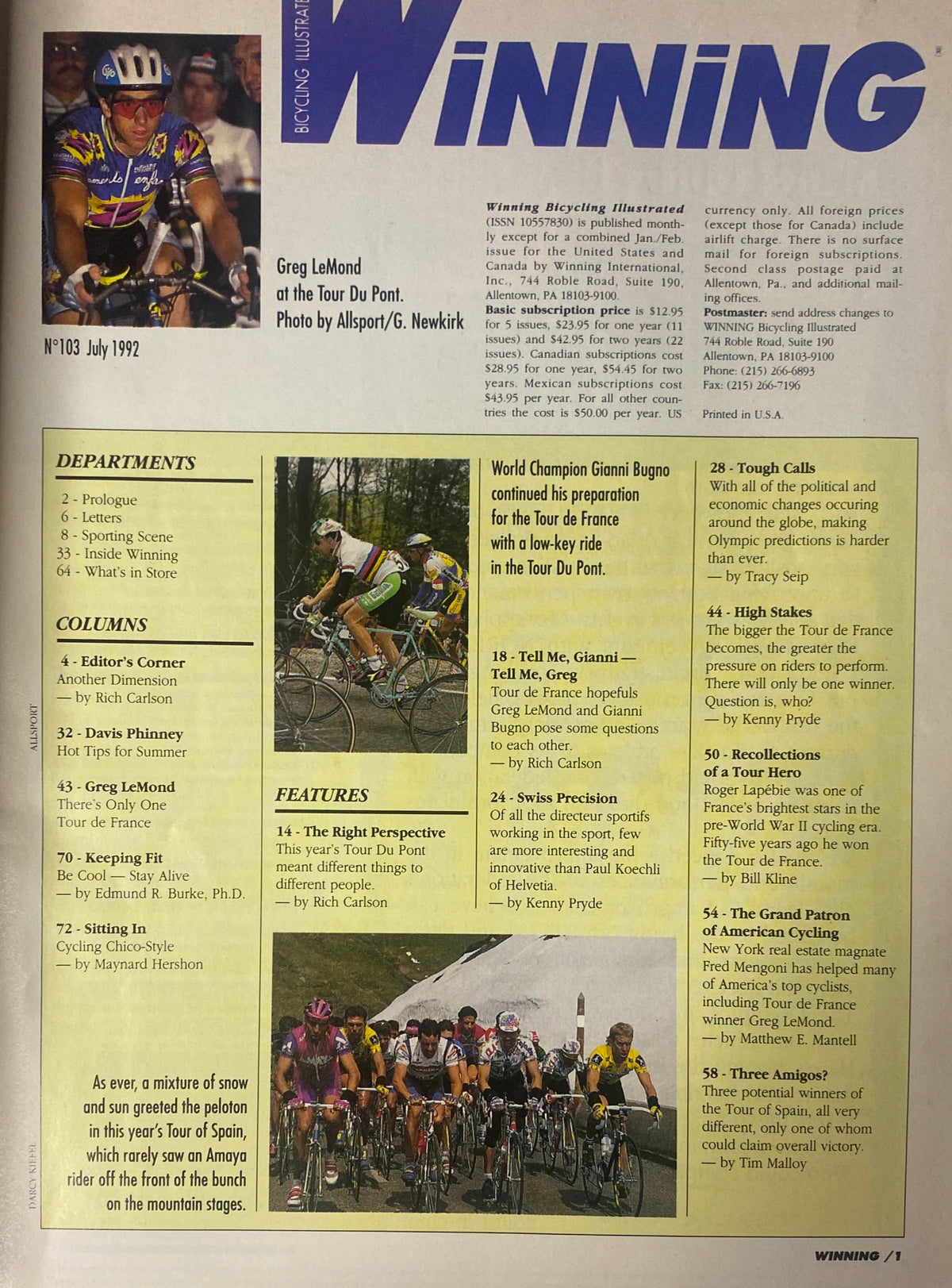 Inside page of Winning Bicycle Racing Illustrated July 1992 No. 103 featuring Greg LeMond at Tour Du Pont, including columns and features section, showcasing major cycling insights and interviews.