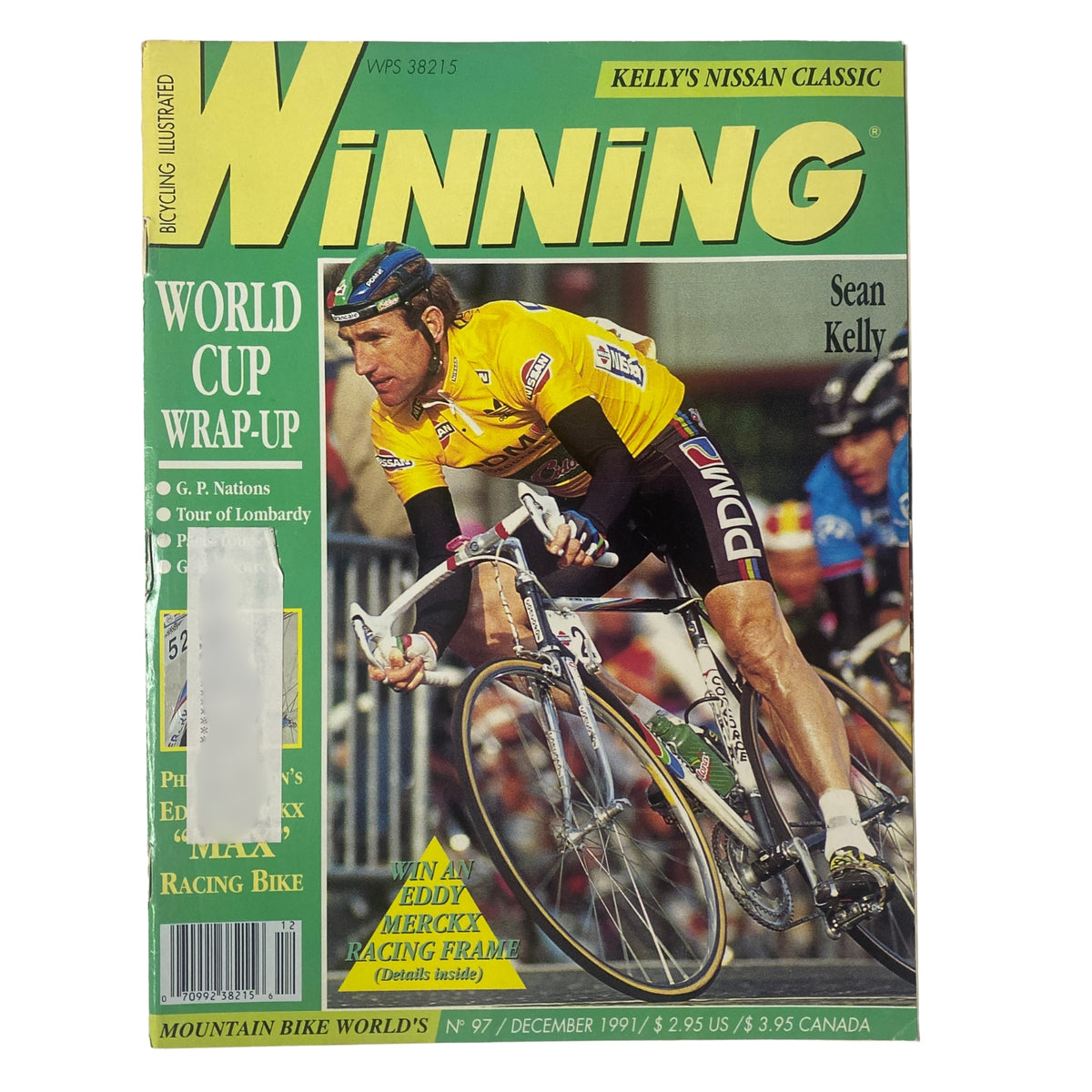 Cover of Winning Bicycle Racing Illustrated December 1991 No. 97 featuring Sean Kelly on the bike, highlighting his Nissan Tour victory, with a bold title at the top and colorful design.