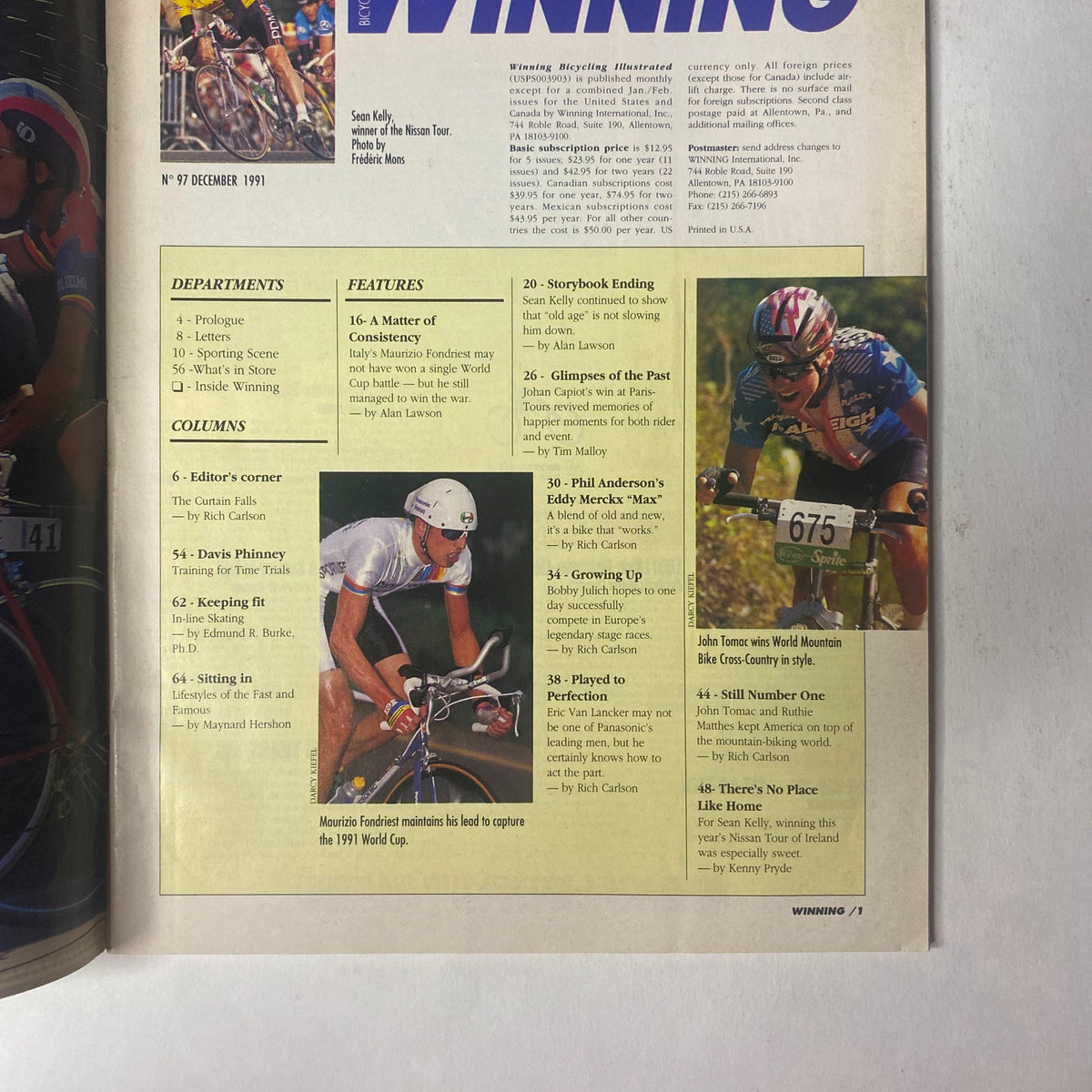 Inside page of Winning Bicycle Racing Illustrated December 1991 No. 97, displaying articles and features including Sean Kelly's success and profiles of cycling athletes, with a focus on the magazine's layout.