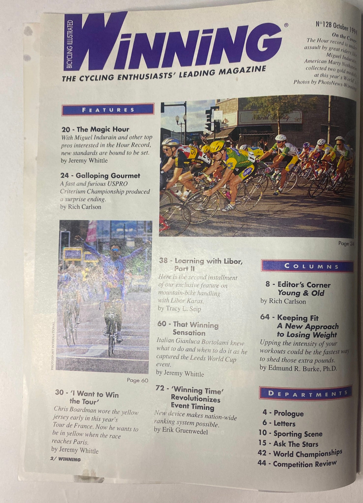 Winning Bicycle Racing Illustrated October 1994 No. 128 magazine cover featuring Miguel Indurain and cycling events including the U.S. Pro Criterium Championship and Chris Boardman's Tour de France ambitions.