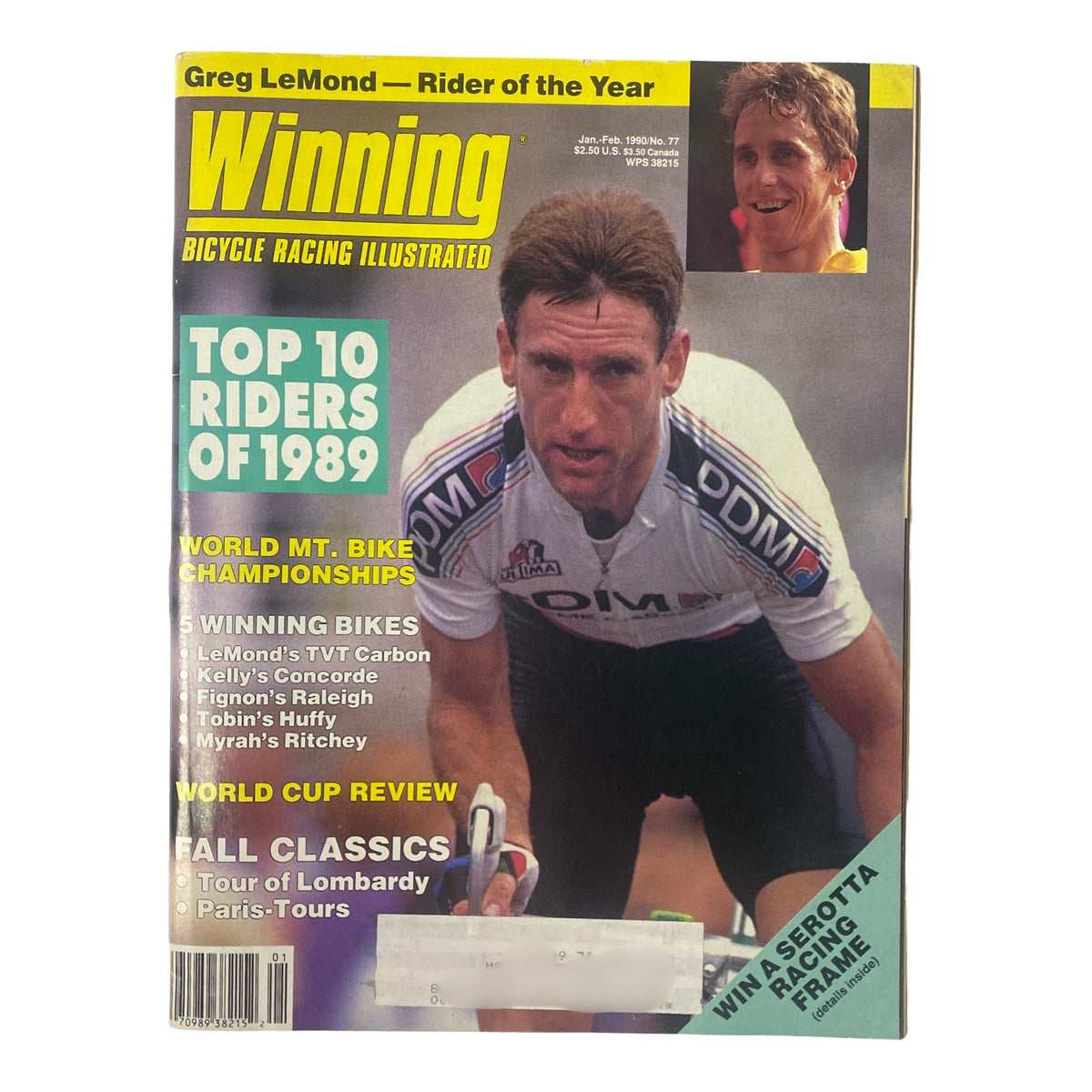 Cover of Winning Bicycle Racing Illustrated, January 1990, featuring Sean Kelly, highlighting the Top 10 Riders of 1989, with articles on World Cup Review and Winning Bikes.