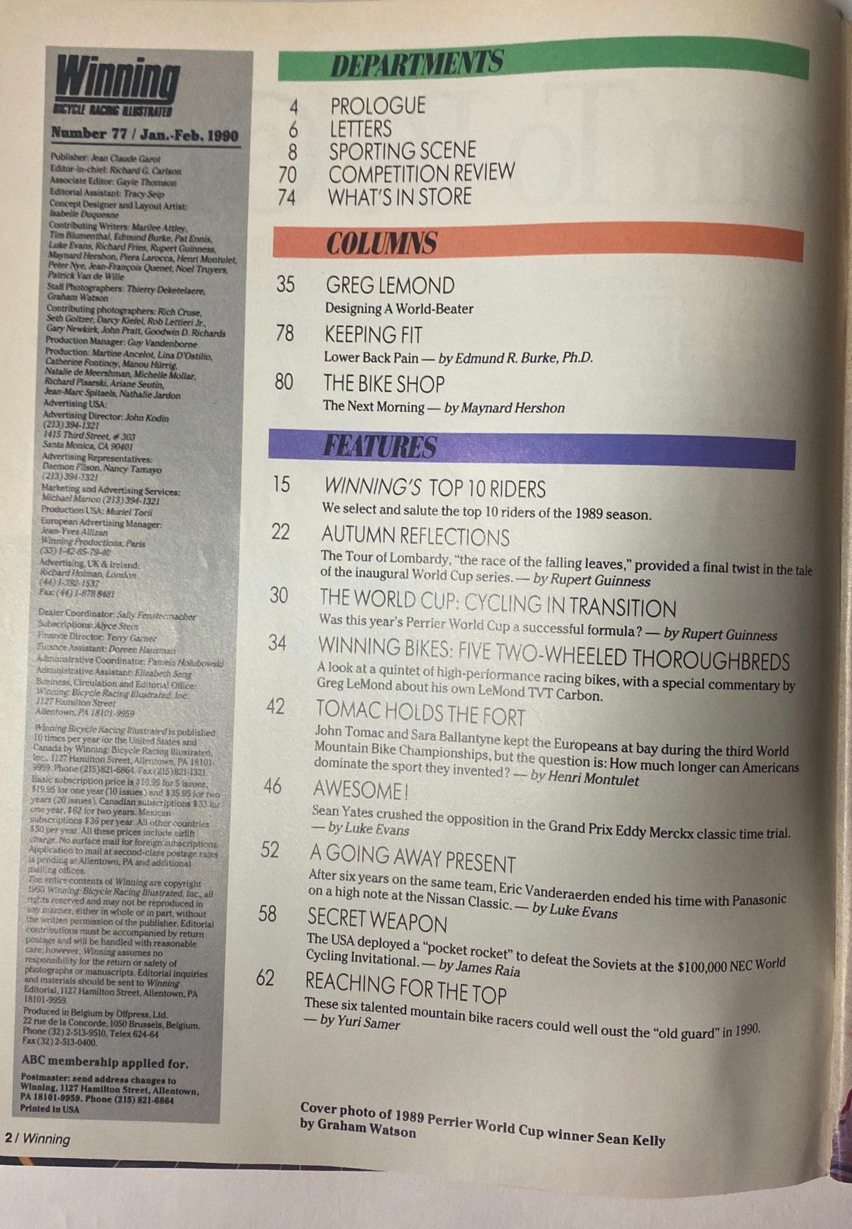 Interior page of Winning Bicycle Racing Illustrated, January 1990, displaying the contents list, including features about cycling achievements and columns by Greg LeMond.
