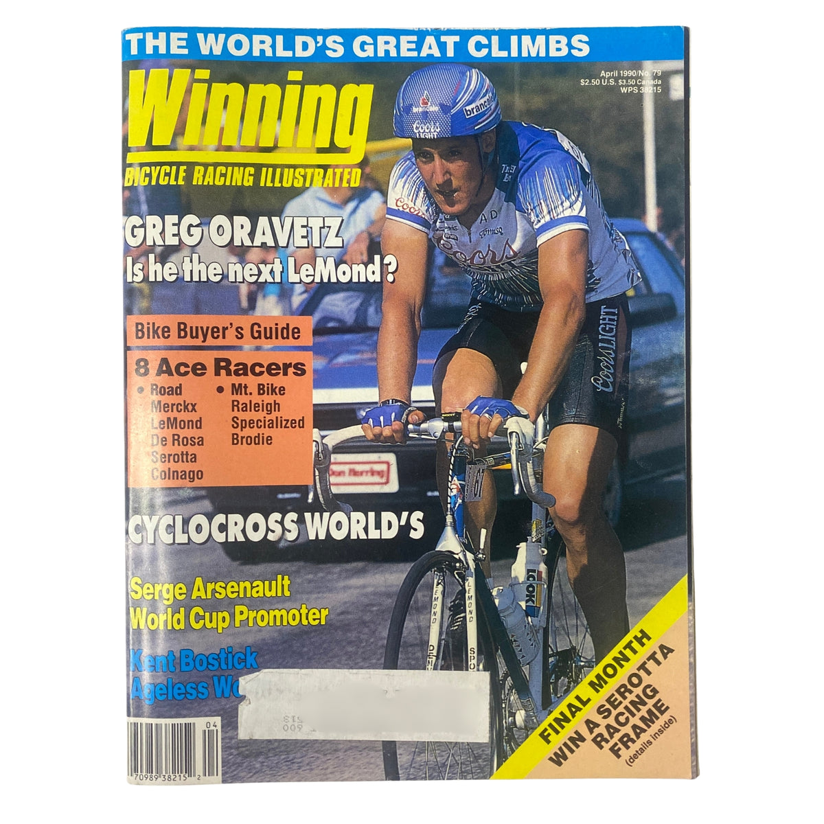Cover of Winning Bicycle Racing Illustrated, April 1990, No. 79 featuring Greg Oravetz, highlighting the Tour of Texas, with articles on climbing, cycling technology, and profiles of notable cyclists.