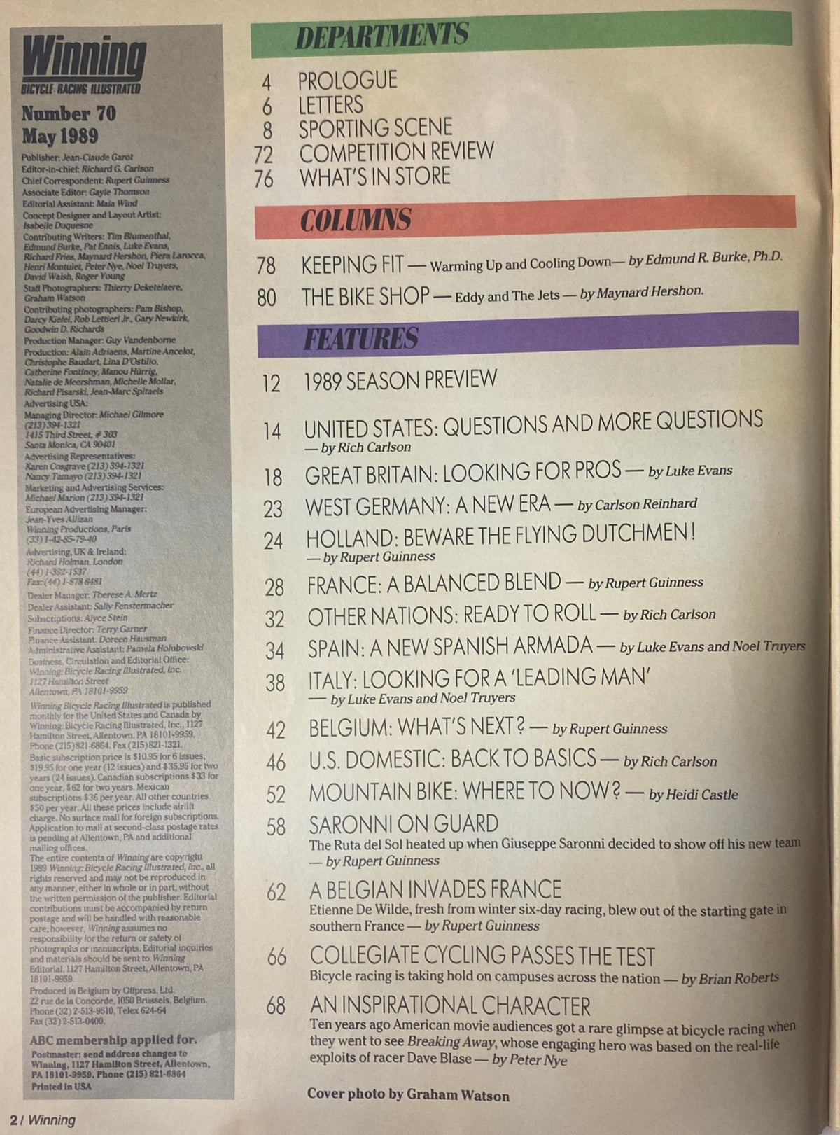 Inside page of Winning Bicycle Racing Illustrated, May 1989, No. 70, showcasing the table of contents, including sections like 'Prologue,' 'Letters,' and 'Columns,' alongside a detailed preview of the 1989 racing season.