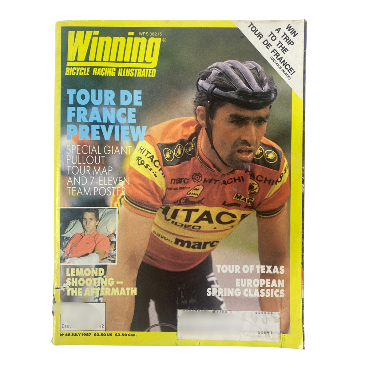 Cover of Winning Bicycle Racing Illustrated July 1987 No. 48 featuring Claude Criquielion, including headlines about Tour de France preview, LeMond shooting aftermath, and coverage of European spring classics.