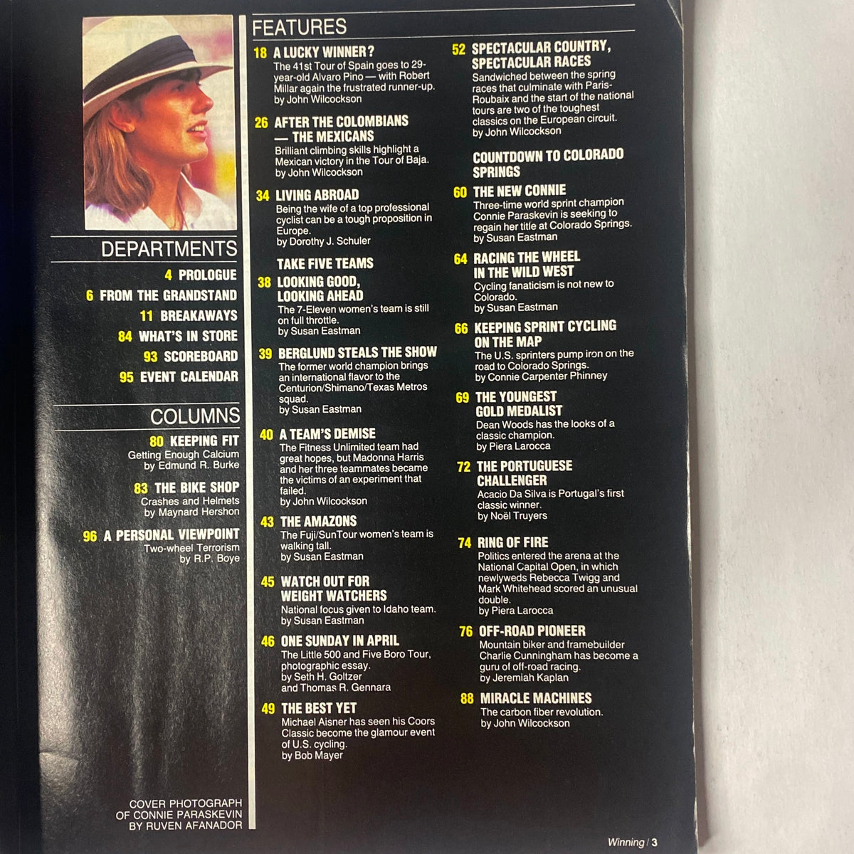 Contents page of Winning Bicycle Racing Illustrated, August 1986 (No. 37). Features include articles on cycling events and topics related to women’s cycling teams and the sport's evolution.