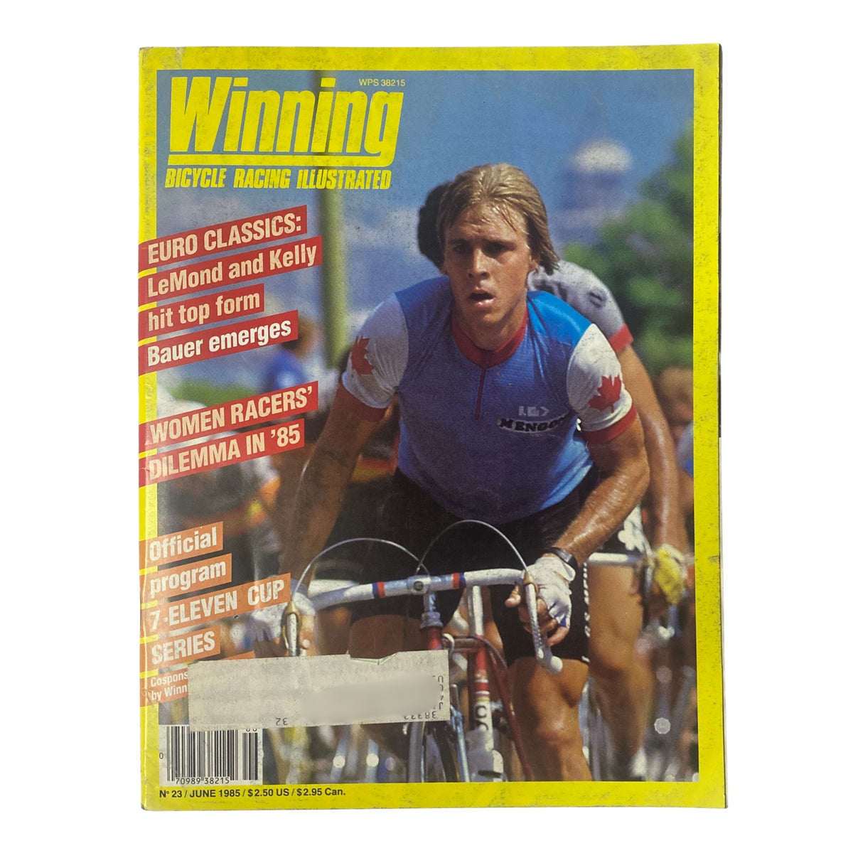 Winning Bicycle Racing Illustrated June 1985 No. 23 featuring cyclist Steve Bauer on the cover, showcasing content about Euro classics, women racers, and cycling events.