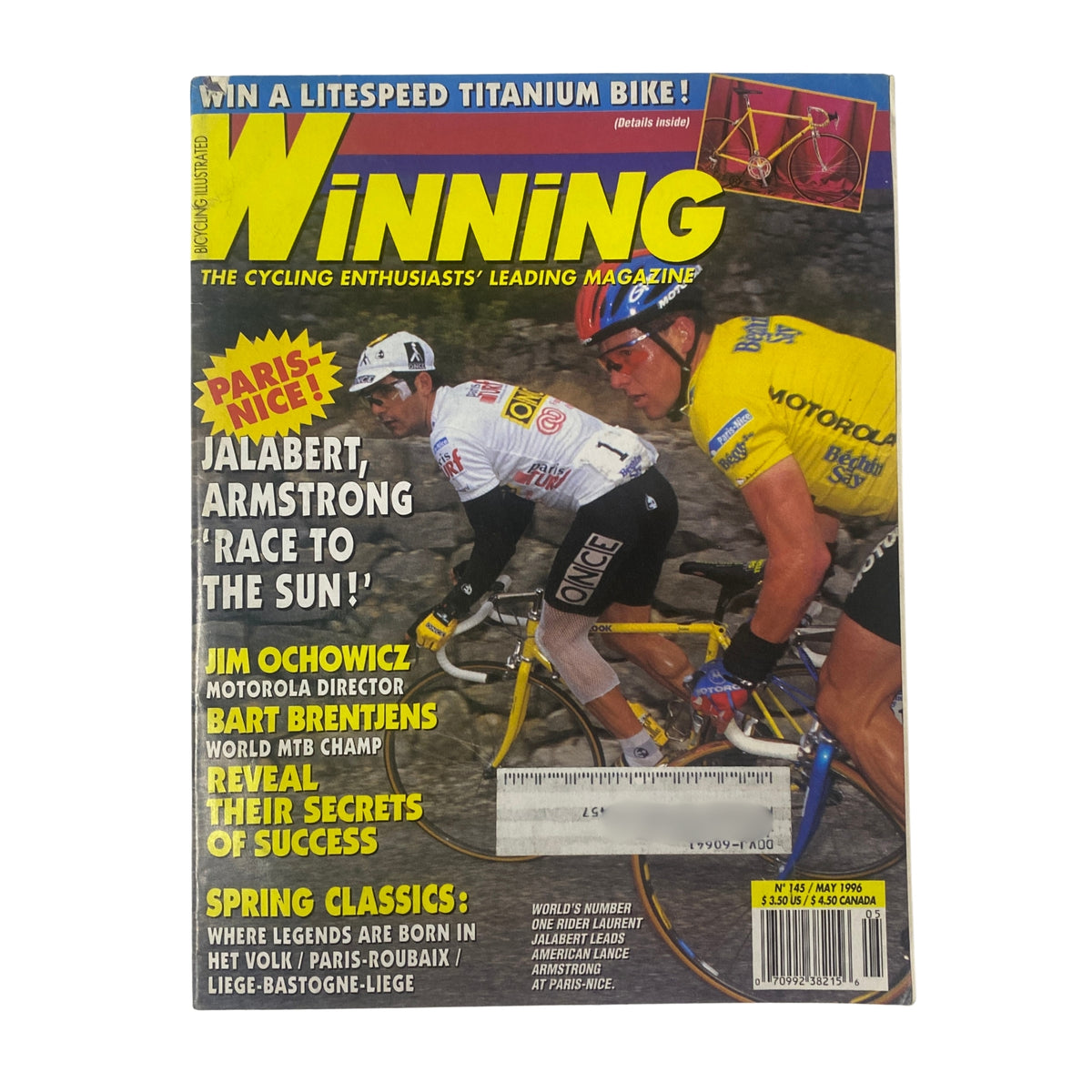 Winning Bicycle Racing Illustrated May 1996 No. 145 magazine cover featuring cyclists Laurent Jalabert and Lance Armstrong, highlighting Paris-Nice race.