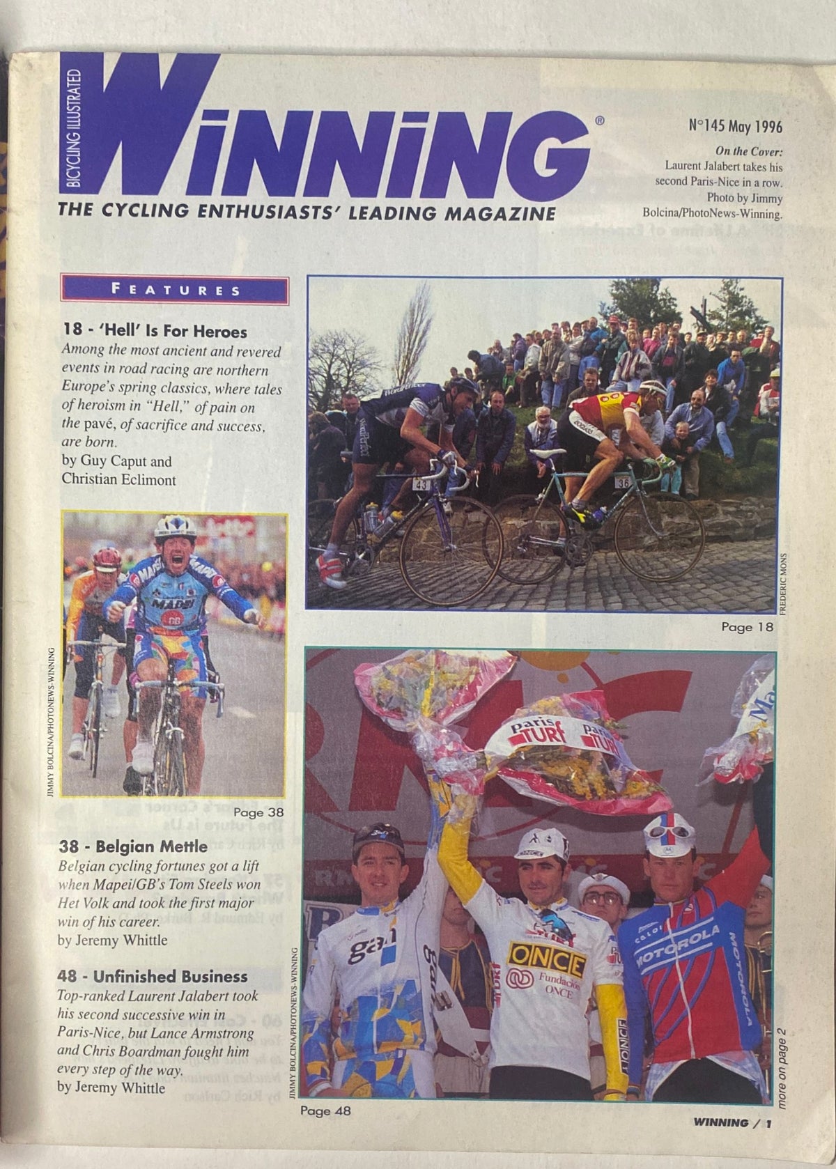Inside pages of Winning Bicycle Racing Illustrated May 1996 No. 145 showcasing features and interviews with top cyclists, including Laurent Jalabert, Bart Brentjens, and Jim Ochowicz.