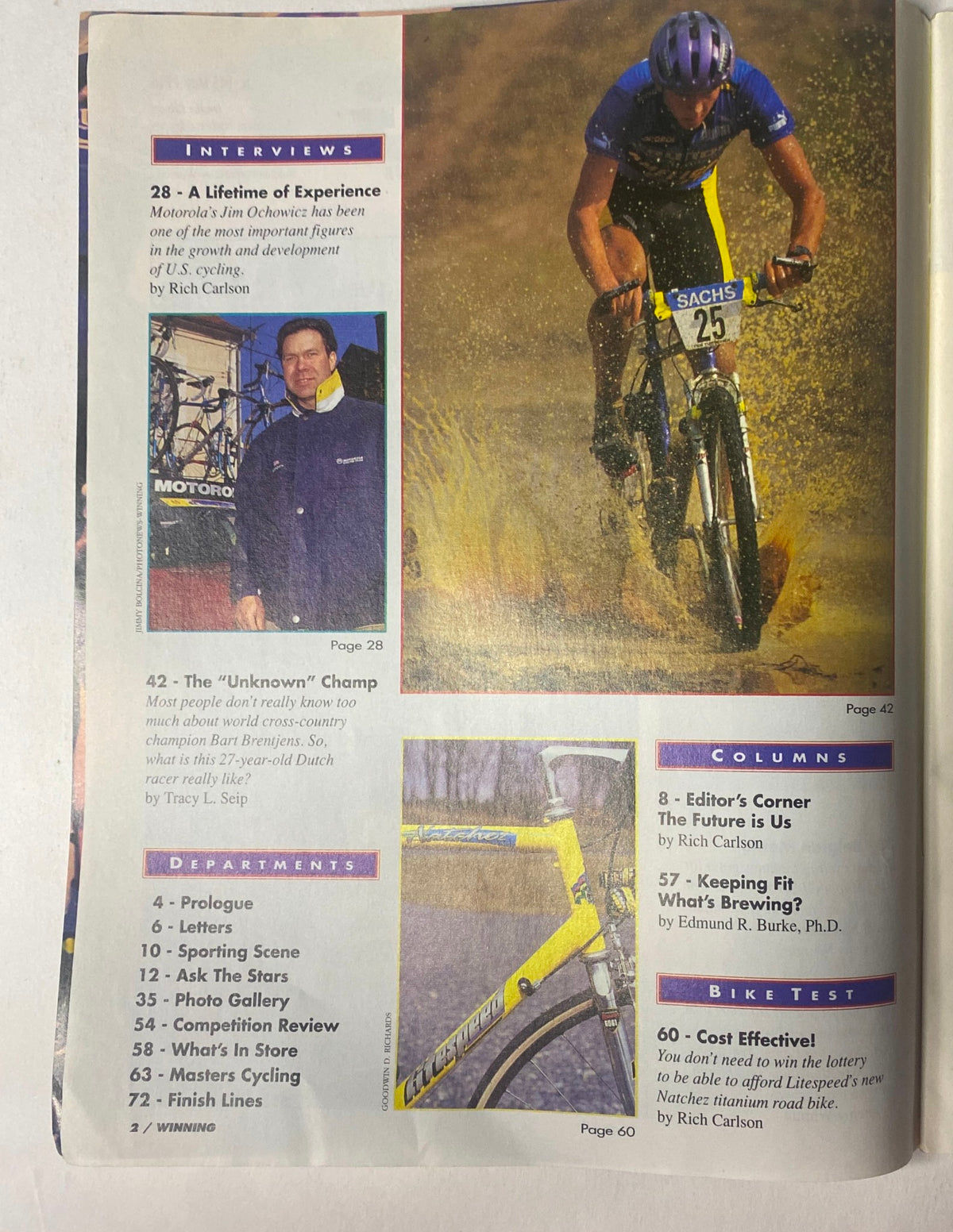 Image from Winning Bicycle Racing Illustrated May 1996 No. 145, featuring a mountain biker in action. Cover highlights include interviews with cycling figures Jim Ochowicz and Bart Brentjens, along with columns and bike tests.