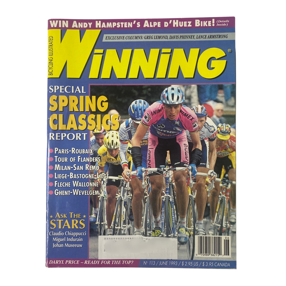 Winning Bicycle Racing Illustrated June 1993 No. 113 featuring Maurizio Fondriest on the cover, celebrating spring classics including Paris-Roubaix and Flèche Wallonne.