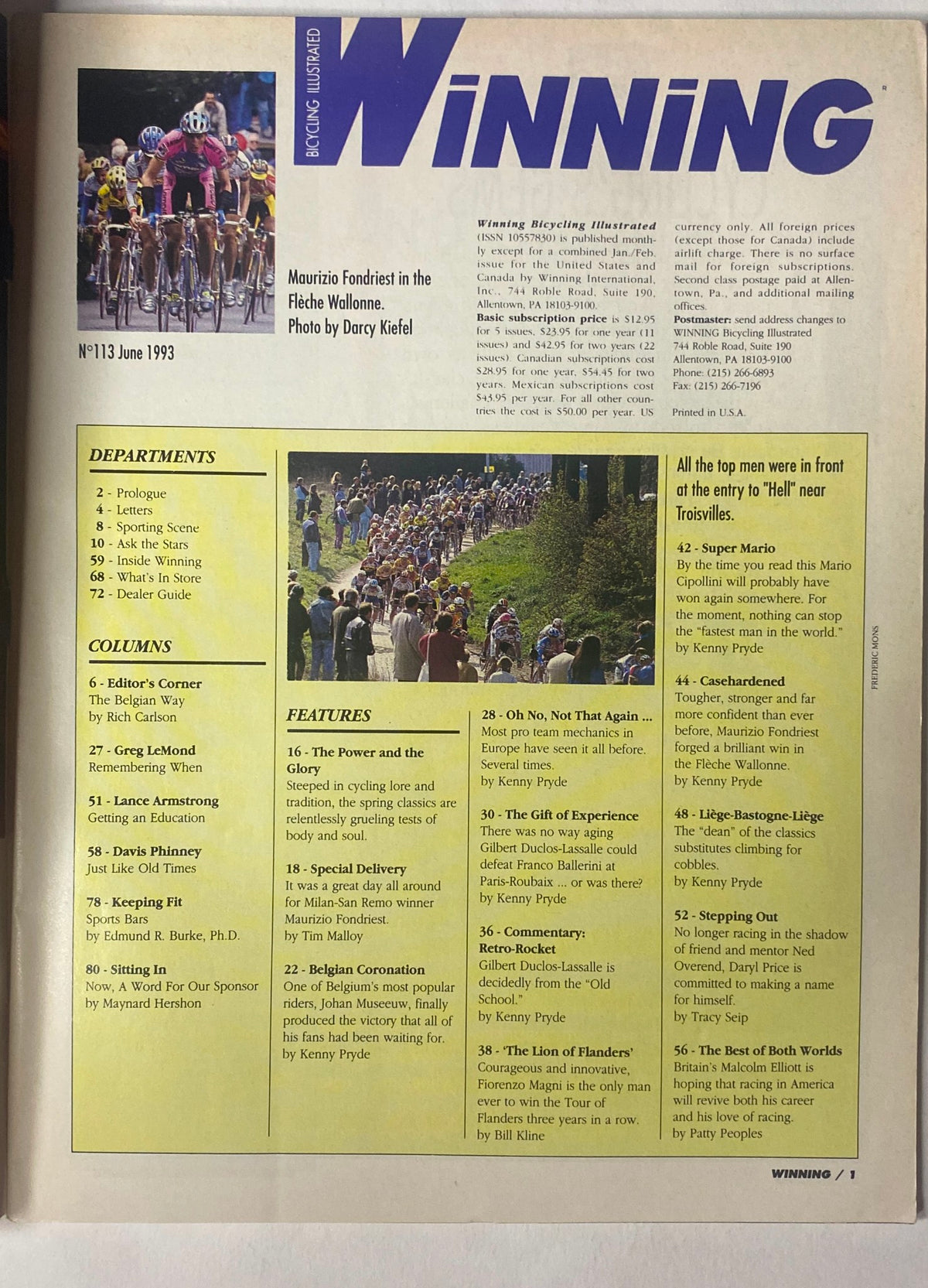 Inside page of Winning Bicycle Racing Illustrated June 1993 No. 113 showcasing cycling columns and features, including profiles of top cyclists like Johan Museeuw and Mario Cipollini.