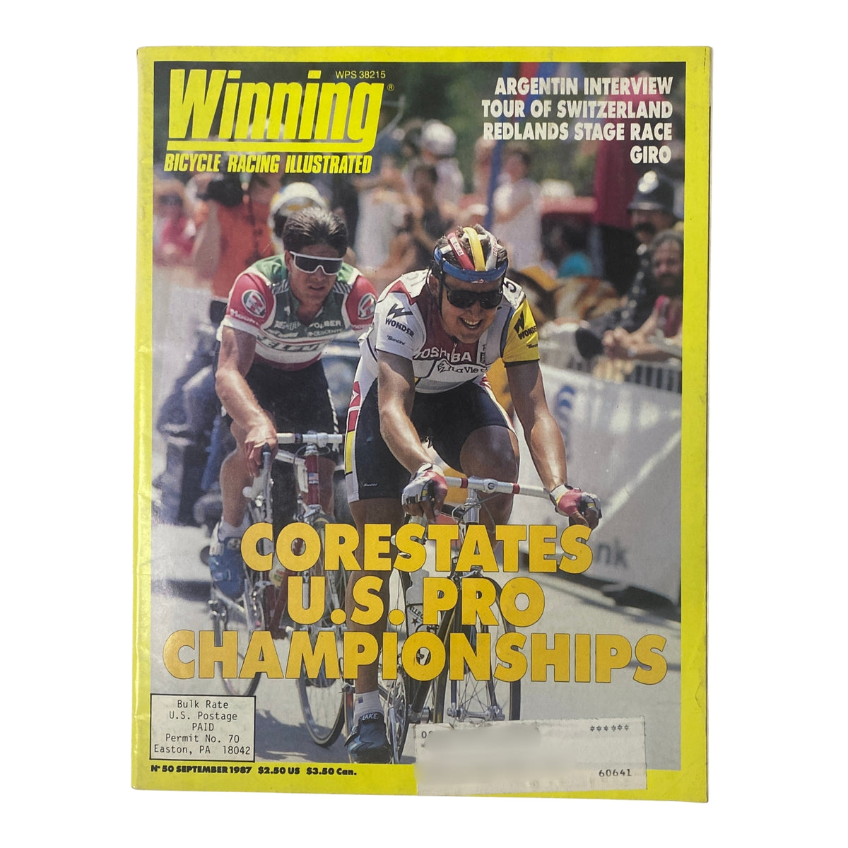 Winning Bicycle Racing Illustrated September 1987 magazine cover featuring cyclists at the CoreStates U.S. Pro Championships, highlighting Roy Knickman and Tom Schuler.