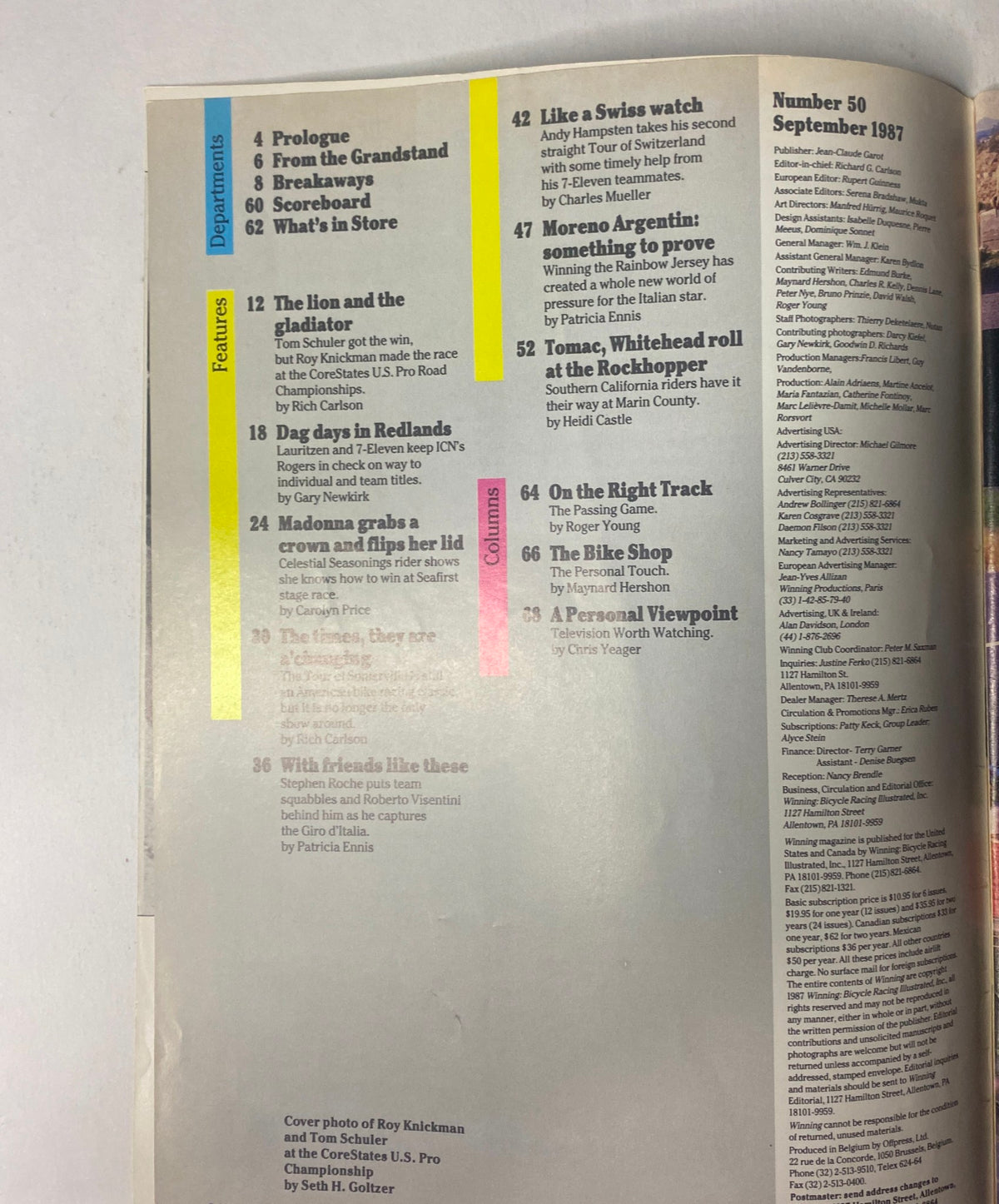 Interior page of Winning Bicycle Racing Illustrated September 1987, displaying the table of contents with highlights from features, departments, and columns.