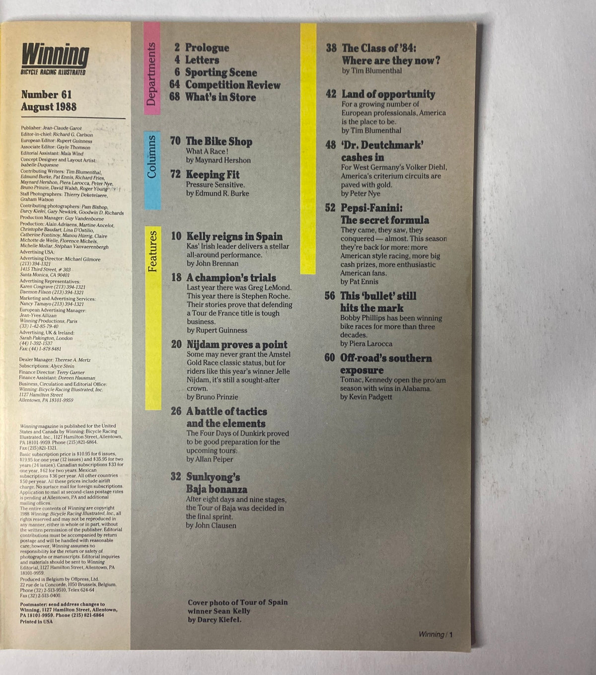 Inside page of Winning Bicycle Racing Illustrated August 1988 No. 61, listing the contents including features on Sean Kelly's performance, Greg LeMond, and other cycling highlights.