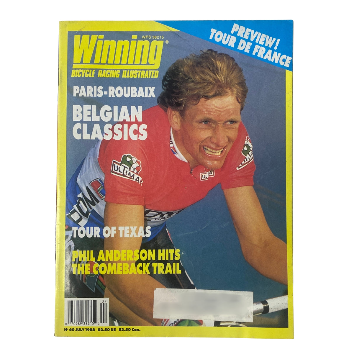 Cover of Winning Bicycle Racing Illustrated, July 1988, No. 60, featuring PDM's Adrie Van der Poel, highlighting the Paris-Roubaix and Belgian Classics, with a focus on Phil Anderson's comeback.