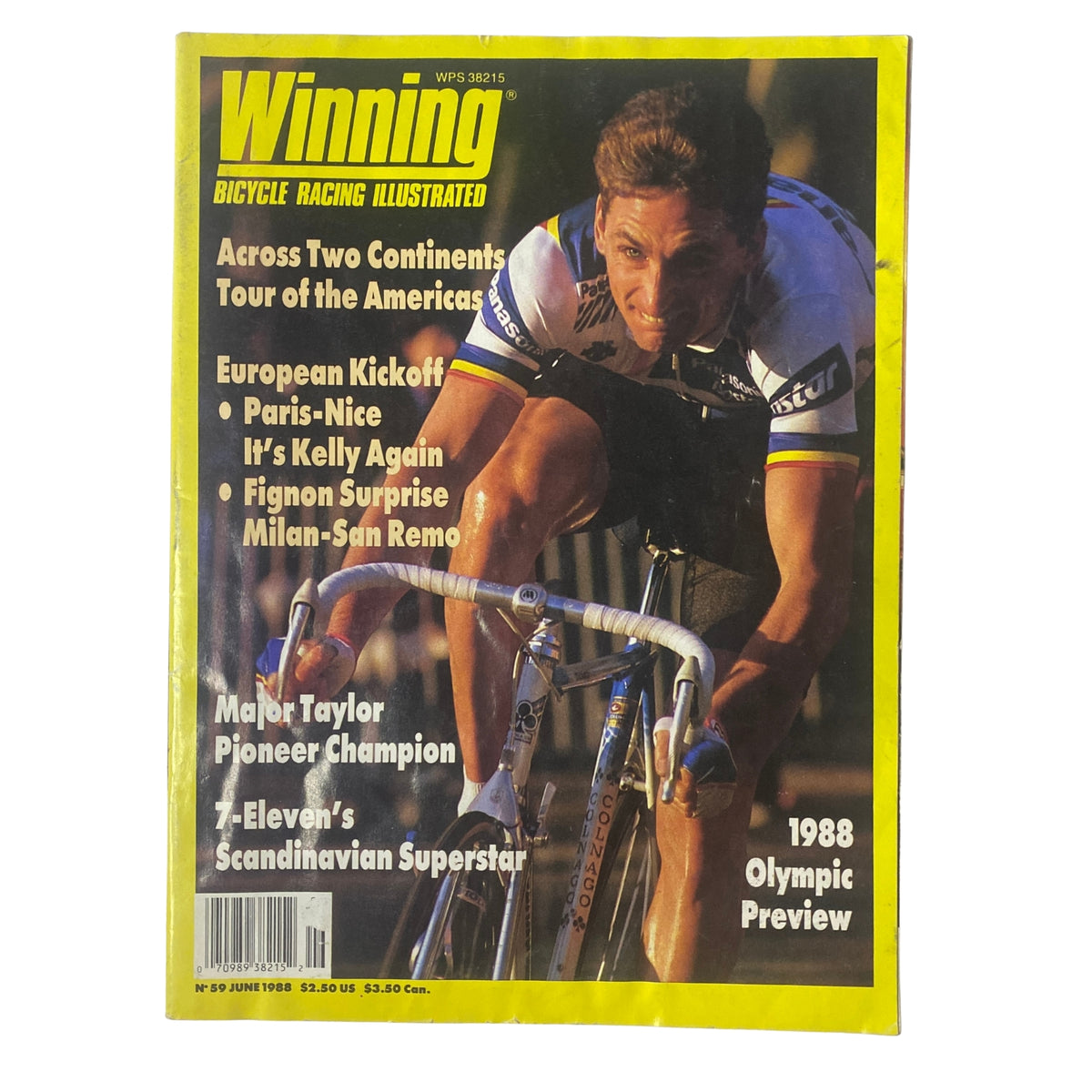 Cover of Winning Bicycle Racing Illustrated June 1988 No. 59, featuring Panasonic's Allan Peiper, highlights key cycling events and figures from the spring racing season, including prominent races like Tour of the Americas and Paris-Nice.