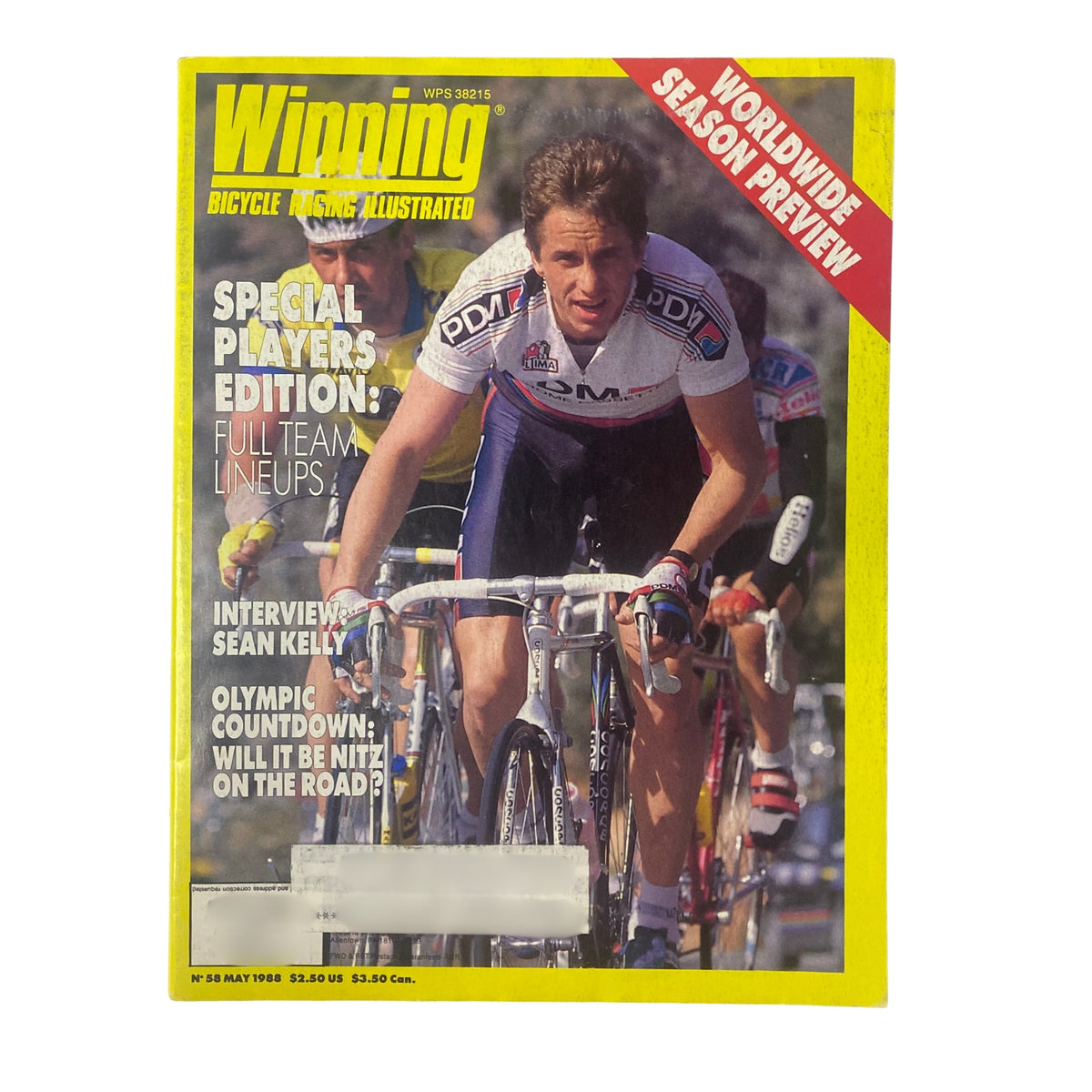 Winning Bicycle Racing Illustrated, May 1988, No. 58 featuring Greg LeMond on the cover, showcasing a cycling competition scene with vibrant colors.