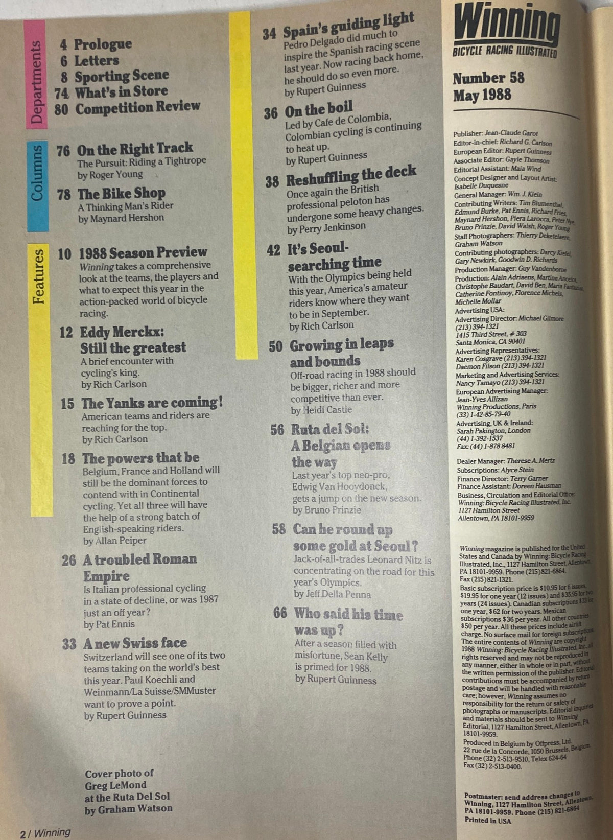 Interior page from Winning Bicycle Racing Illustrated, May 1988, No. 58, highlighting the magazine's contents including articles on cycling, featuring notable cyclists and events.